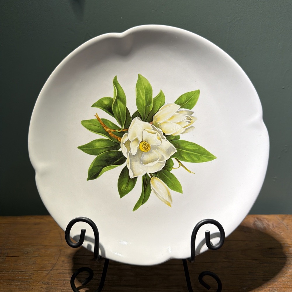 Vintage Frankoma Pottery 5F 10" White Dinner Plate Magnolia Flower Decal RARE